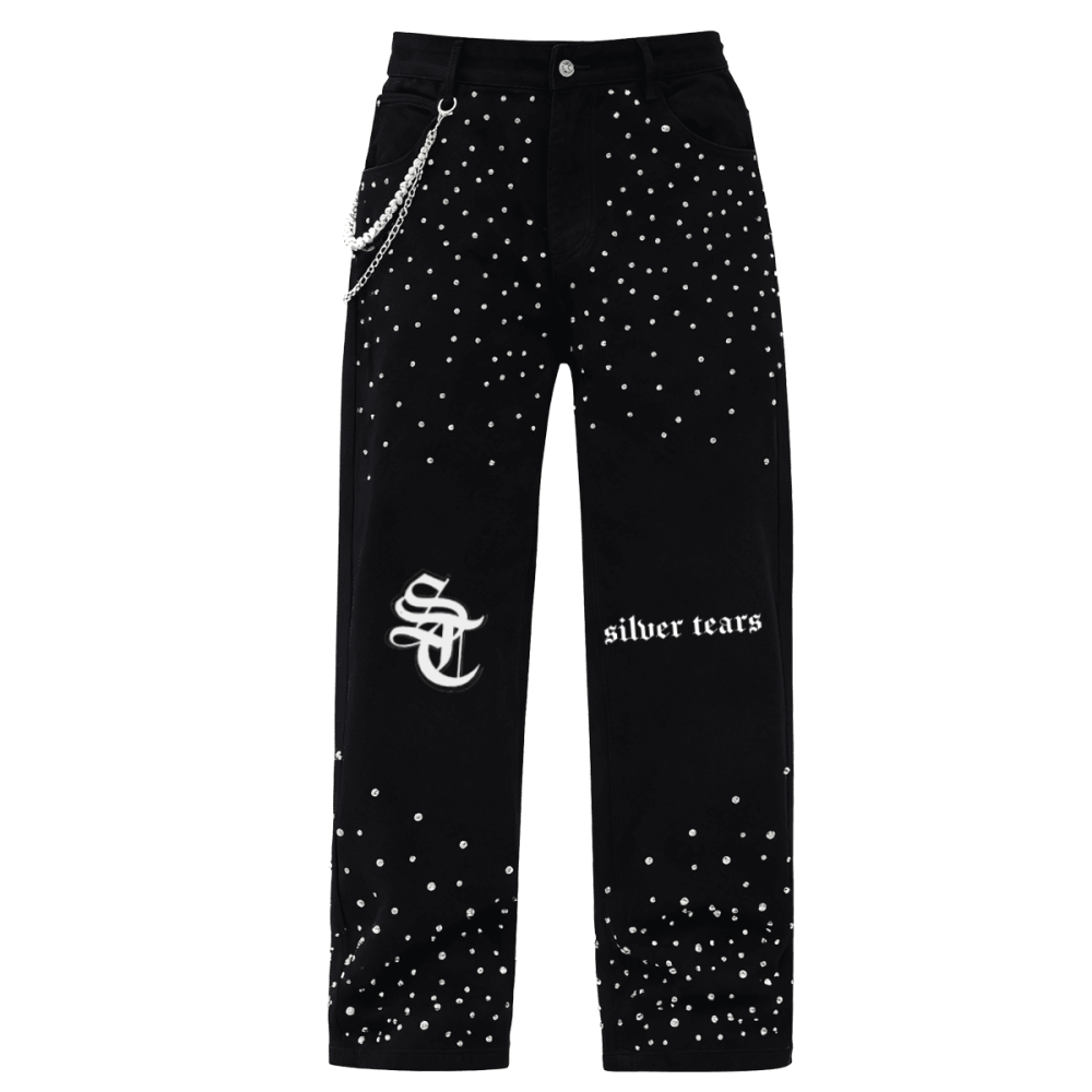 Unisex Rhinestone-Embellished Relaxed Straight-Leg Jeans