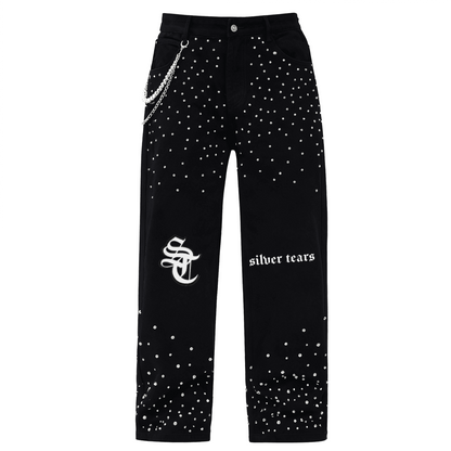 Unisex Rhinestone-Embellished Relaxed Straight-Leg Jeans